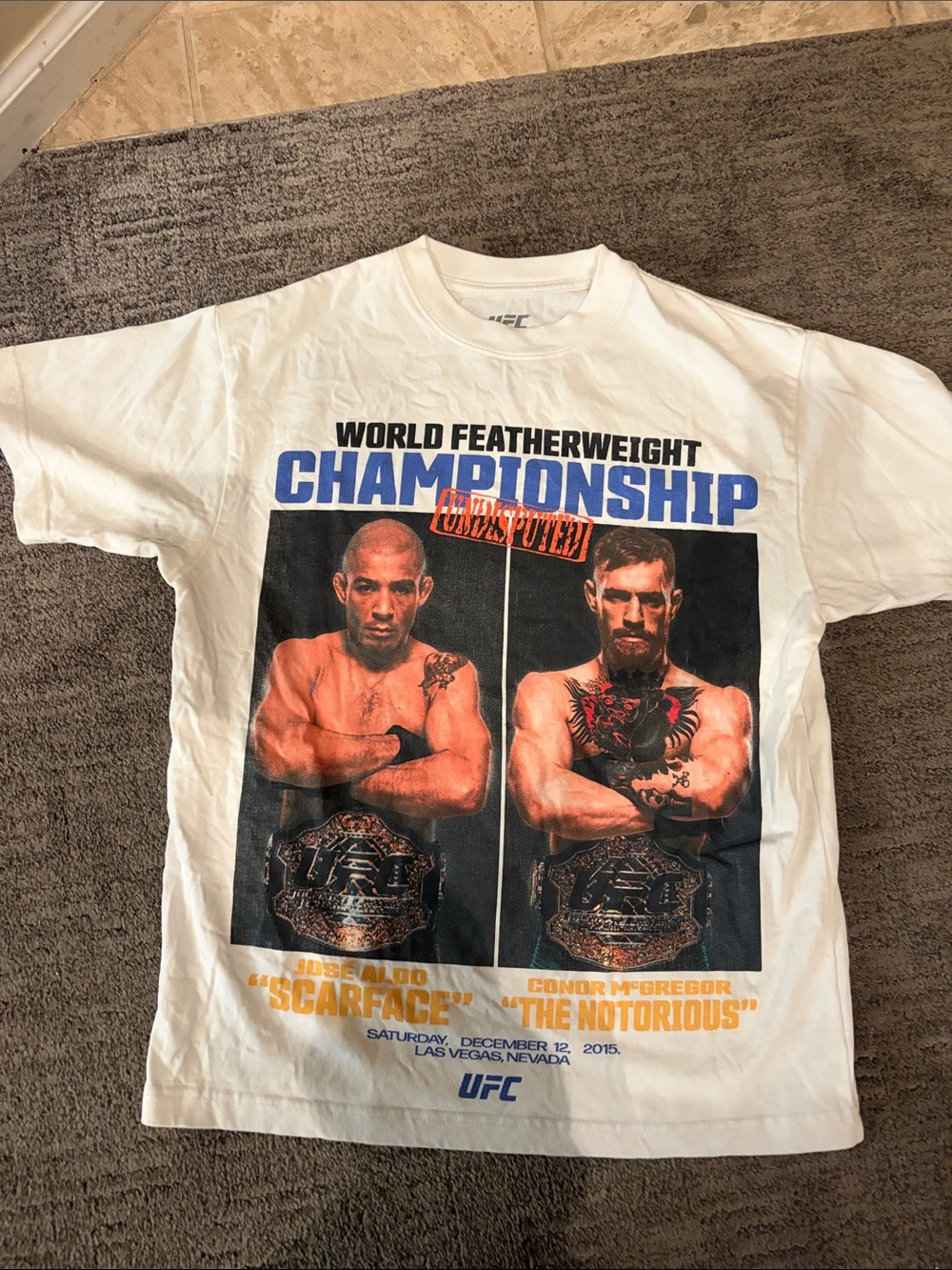 UFC Aldo v McGregor Championship Graphic Tee with Blue & Orange Print
